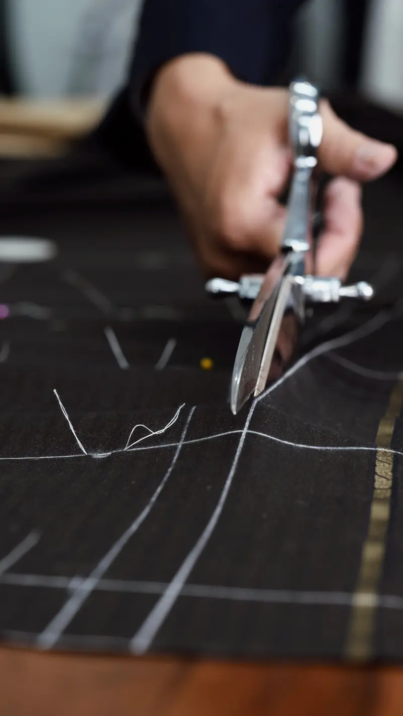 Tailor’s shears cutting cloth along chalk lines